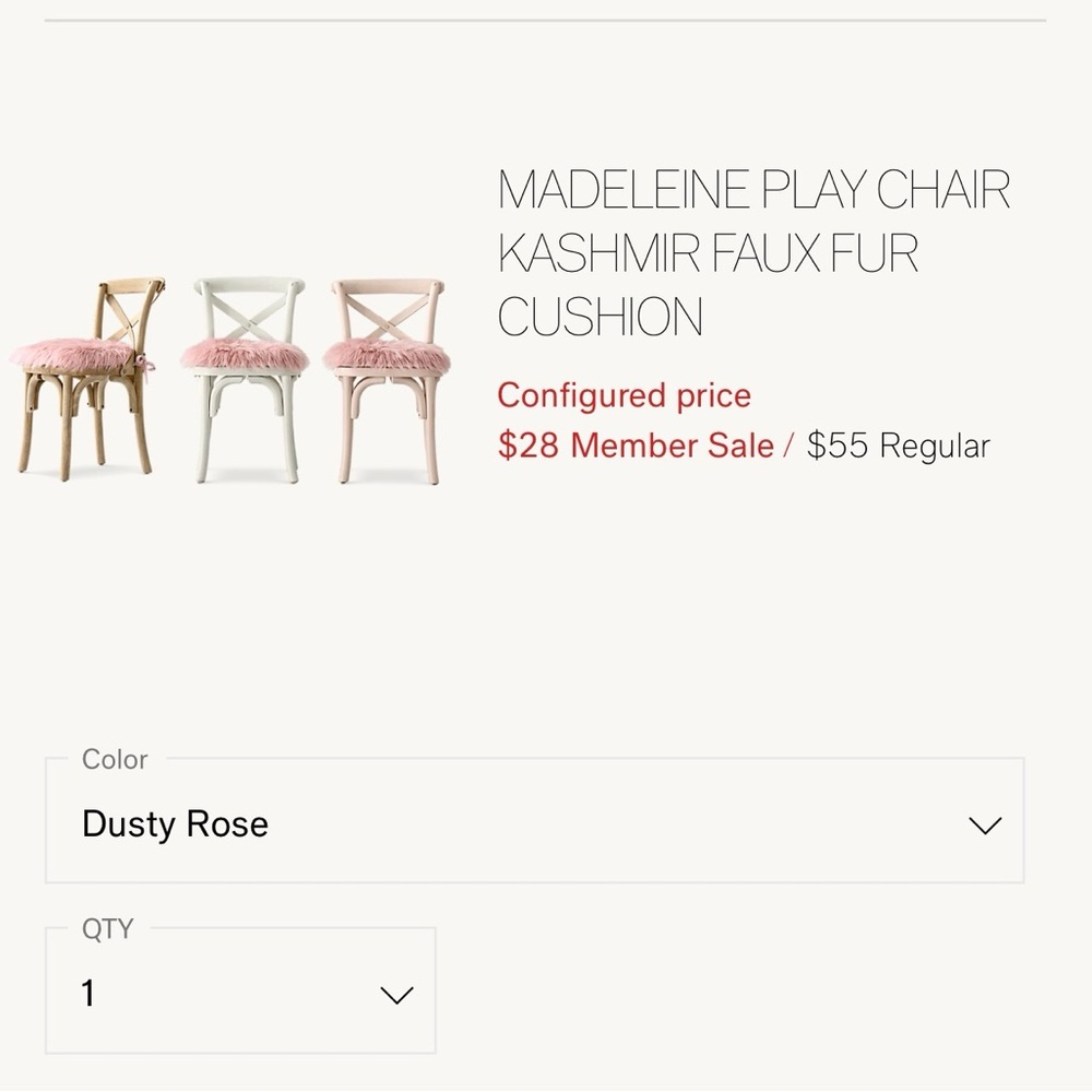 Restoration Hardware Dusty Rose Madeleine Play chair Faux Fur Cushion set of 2